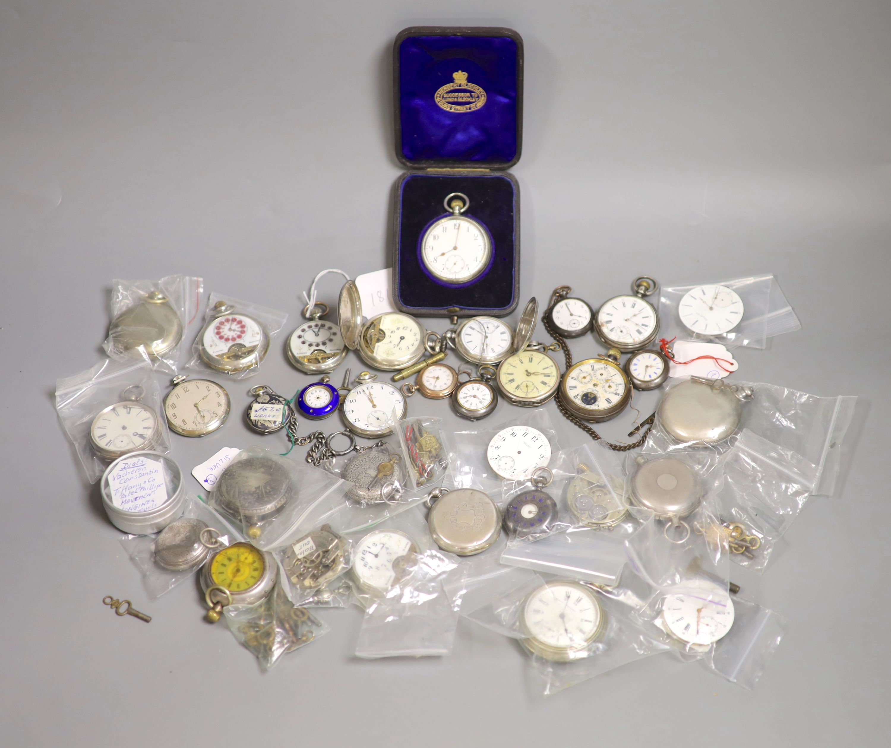 A quantity of pocket watches, movements etc. including three Hebdomas, one 800 standard, a Zenith, Longines, mostly a.f.